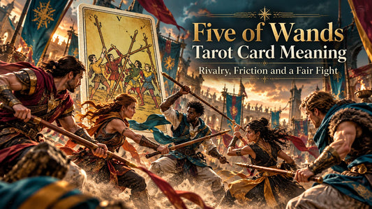 Five of Wands tarot card meaning banner with the Five of Wands card in a sunlit scene