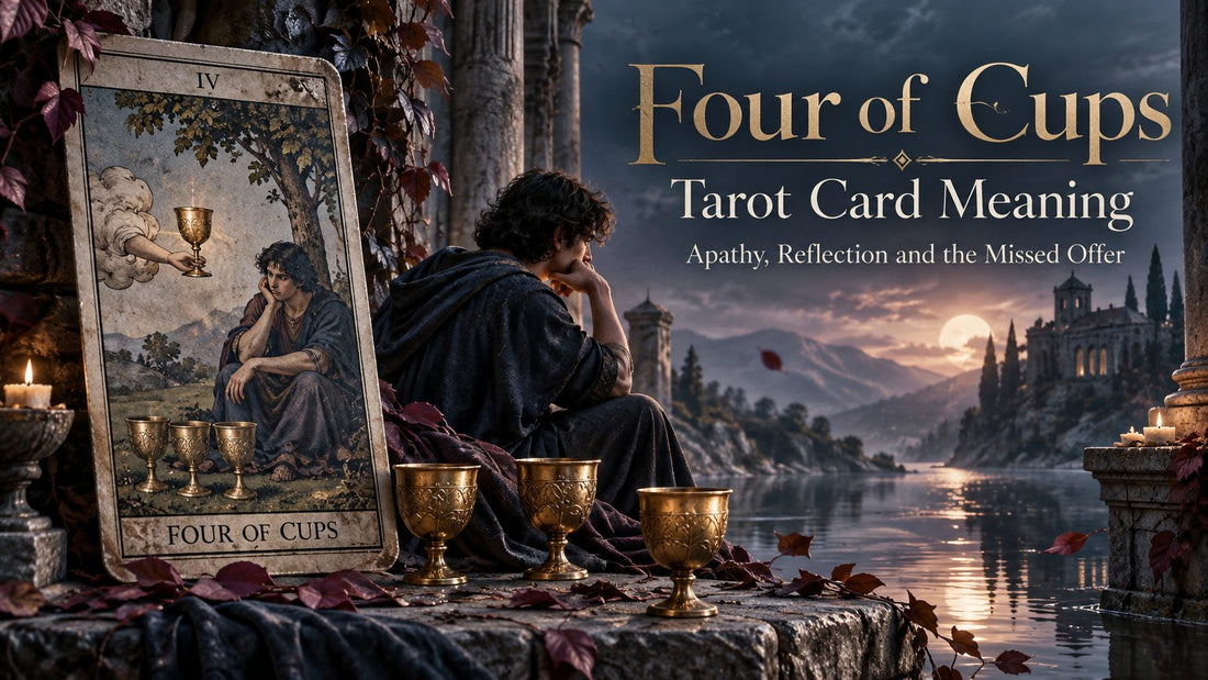 Four of Cups tarot card meaning banner with the Four of Cups card beside candles and golden cups