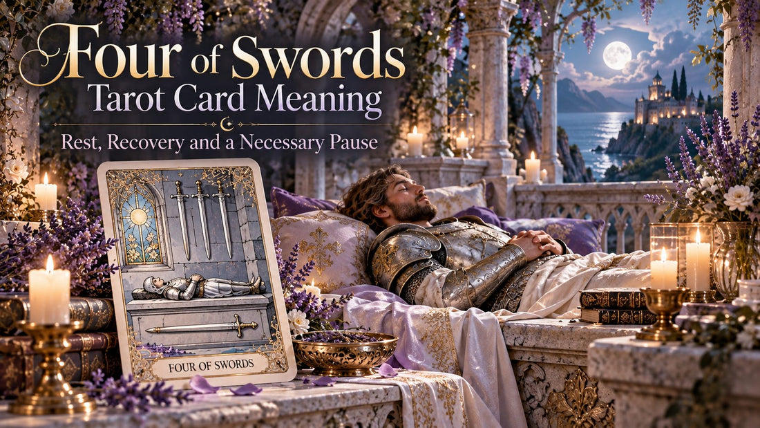 Four of Swords tarot card meaning banner with the Four of Swords card in a candlelit stone hall