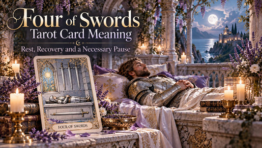 Four of Swords tarot card meaning banner with the Four of Swords card in a candlelit stone hall