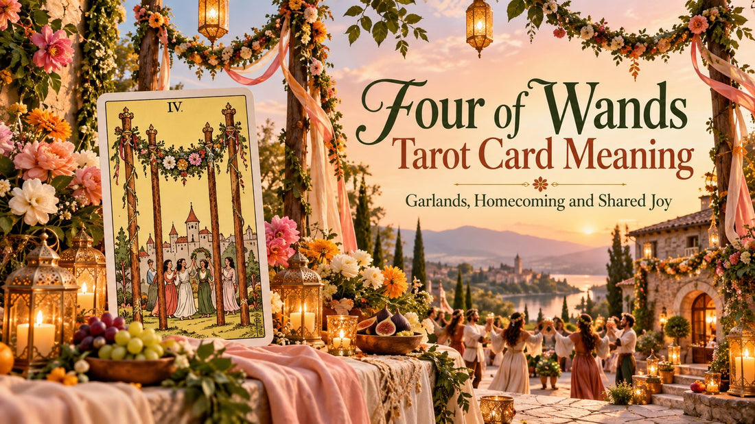 Four of Wands tarot card meaning banner with the Four of Wands card in a sunlit scene
