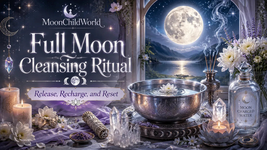 Full moon cleansing ritual setup with crystals, candles, and moon charged water for spiritual renewal