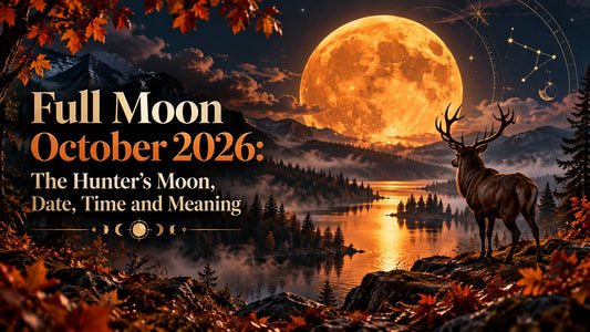 Hunter's Moon rising orange over a misty autumn lake with a stag on a rocky ledge