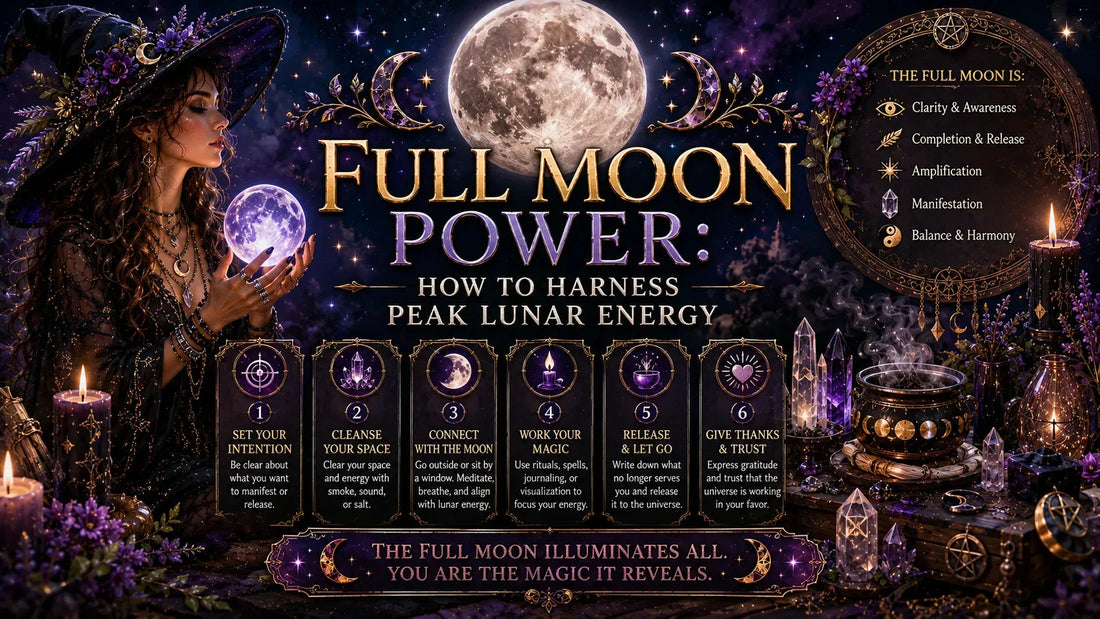 Full moon power ritual scene with crystals, candles, and a witch harnessing peak lunar energy