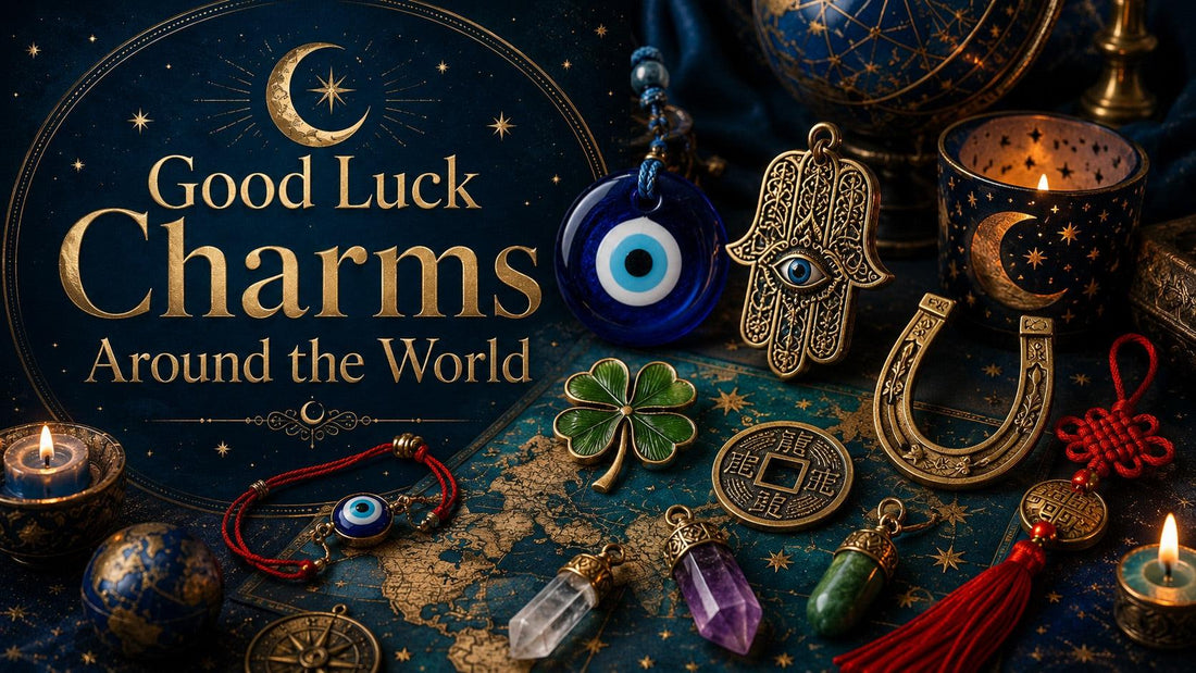 Good luck charms from around the world including evil eye, hamsa, horseshoe, and four-leaf clover