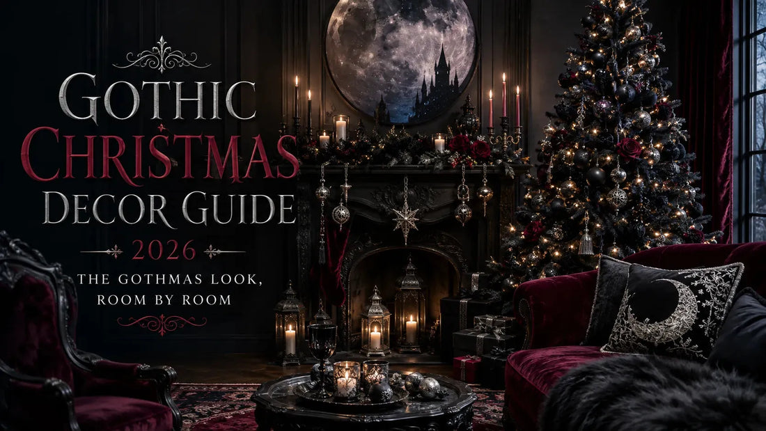 Gothic Christmas decor guide featuring a darkly elegant living room with a black Christmas tree and candlelit fireplace