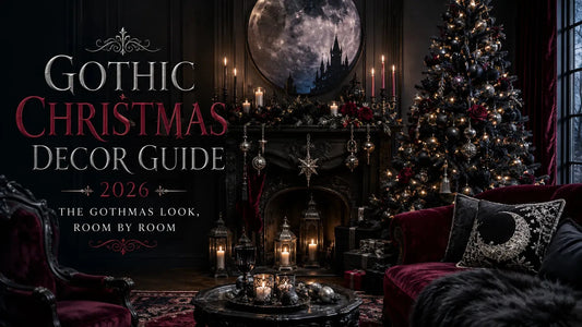 Gothic Christmas decor guide featuring a darkly elegant living room with a black Christmas tree and candlelit fireplace