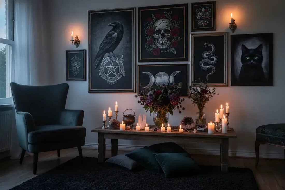 Gothic wall art and witchy canvas art create mystical pagan altar decor with candles and crystals