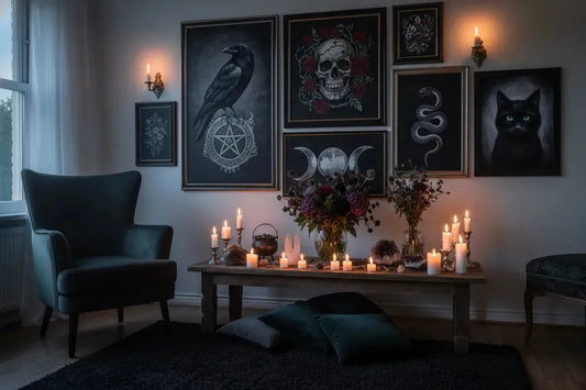 Gothic wall art and witchy canvas art create mystical pagan altar decor with candles and crystals