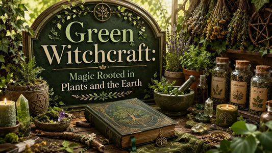 Green witchcraft tools and herbs with a spellbook, perfect for exploring plant-based magic practices