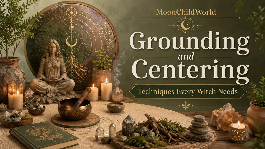 Meditation altar with crystals, candles, and grounding and centering techniques for spiritual practice