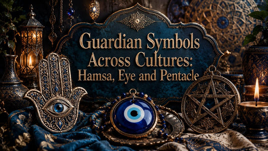 Guardian symbols across cultures featuring ornate hamsa, evil eye, and pentacle for spiritual protection