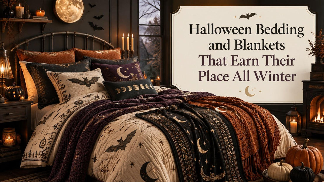 Cozy Halloween bedding and blankets with bats and moons create a festive, stylish bedroom for winter
