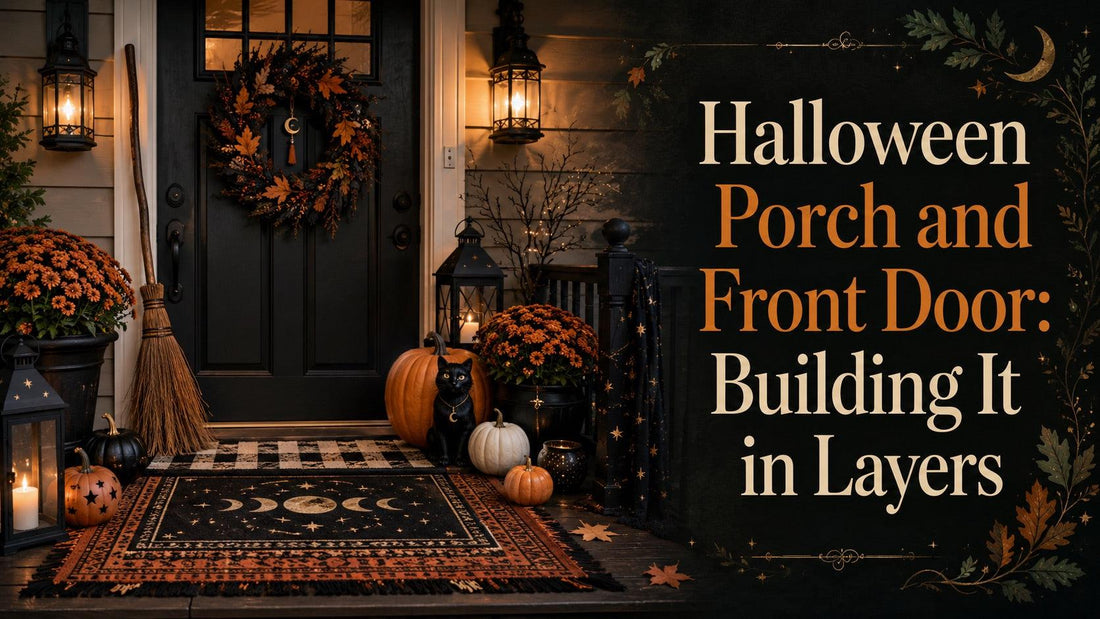 Layered Halloween porch and front door decor with pumpkins, wreath, and lanterns for festive curb appeal