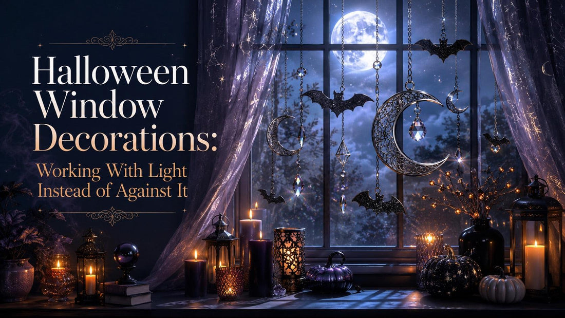 Halloween window decorations with glowing candles, hanging bats, and crescent moons create a spooky nighttime display