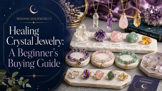 Healing crystal jewelry displayed with bracelets, rings, and pendants for a beginner’s buying guide