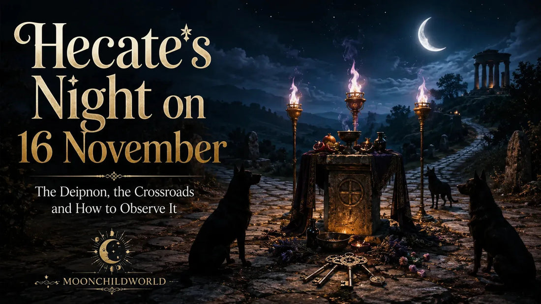 Hecate’s Night altar at a moonlit crossroads with offerings, torches, and dogs for November 16 rituals