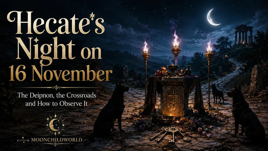 Hecate’s Night altar at a moonlit crossroads with offerings, torches, and dogs for November 16 rituals