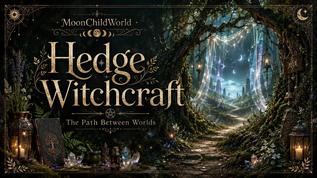 Magical forest path with crystals, lanterns, and mystical decor illustrating hedge witchcraft atmosphere