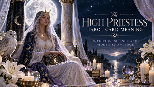 The High Priestess seated between two pillars with a crescent crown, an owl and candles under a full moon