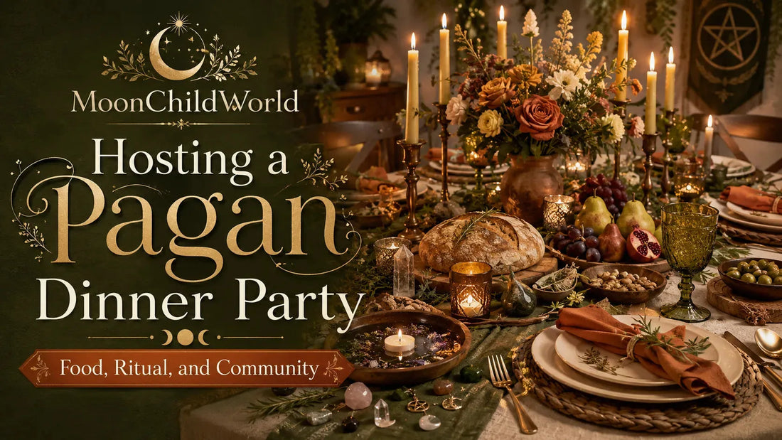 Elegant pagan dinner party table with candles, fresh bread, fruit, and ritual decor for a magical gathering