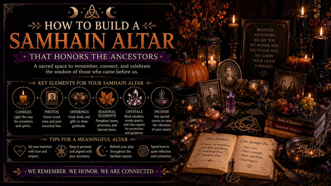 Samhain altar setup with candles, crystals, photos, and offerings to honor ancestors and celebrate Samhain traditions