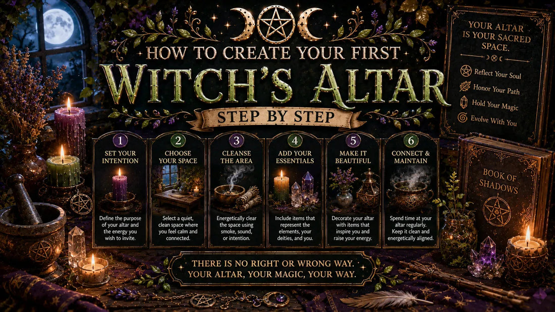 Witch’s altar setup guide with candles, crystals, and step-by-step instructions for creating a magical sacred space