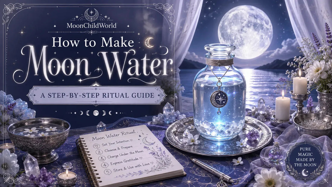 Magical moon water ritual setup with crystals, flowers, and candles under a glowing full moon