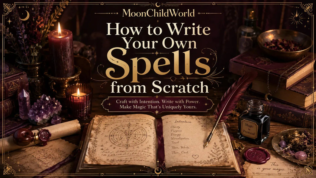 Open spellbook with crystals, candles, and quill pen inspiring how to write your own spells from scratch