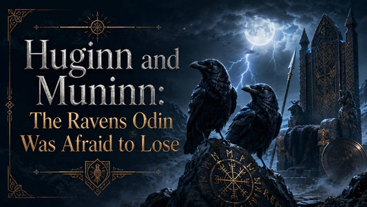 Huginn and Muninn perched on Norse runes with Odin’s throne under a stormy moonlit sky