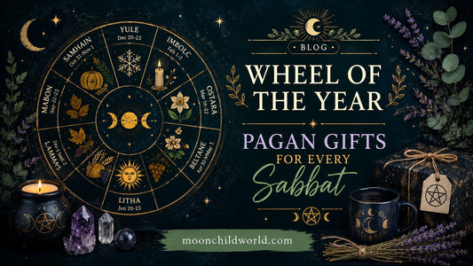 Wheel of the Year pagan altar cloth and ritual decor displayed in a sunlit mystical garden setting