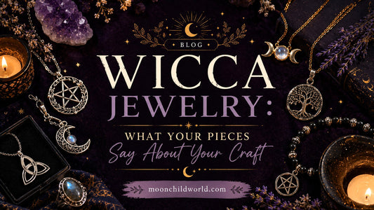 Wicca jewelry with pentacle and moon symbols arranged on a wooden table for spiritual inspiration