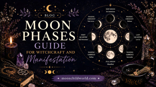 Moon phases altar setup for lunar manifestation magic and witchcraft rituals with crystals and candle