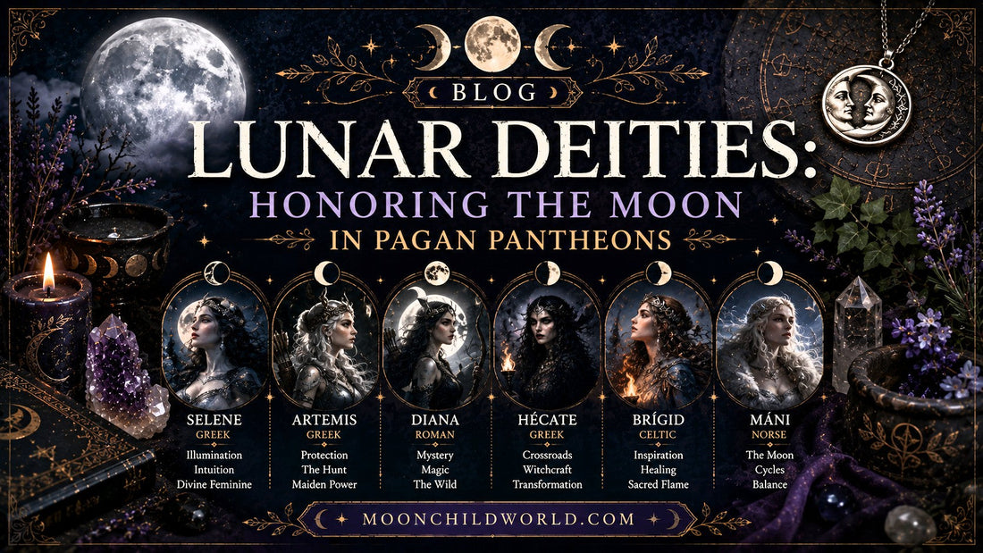 Lunar deities artwork featuring pagan goddesses and moon symbols for honoring the moon in spiritual traditions