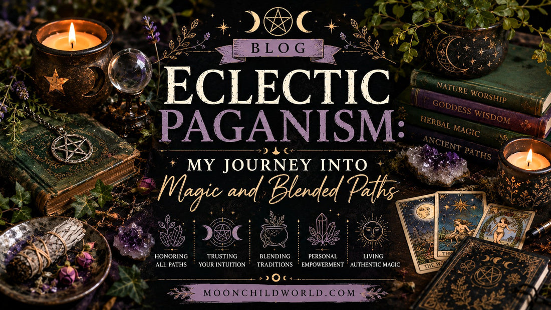 Cozy eclectic paganism altar space with crystals, candles, and moon phase decor for spiritual inspiration