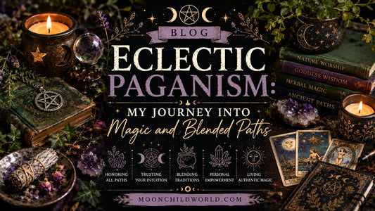Cozy eclectic paganism altar space with crystals, candles, and moon phase decor for spiritual inspiration