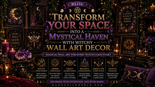 Witchy wall art decor with moon phases, mystical landscapes, crystals, and candles for a magical home vibe