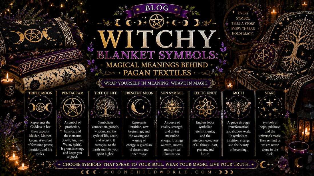 Witchy blanket with Wicca and pagan symbols adds a gothic touch to cozy moonlit rituals