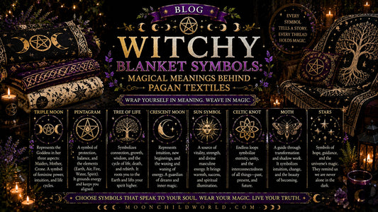 Witchy blanket with Wicca and pagan symbols adds a gothic touch to cozy moonlit rituals