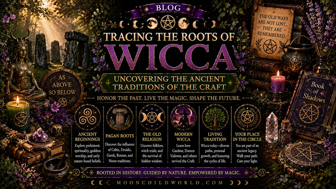 Ancient Wicca traditions illustrated with goddess statue, candles, crystals, and magical books in a mystical forest setting