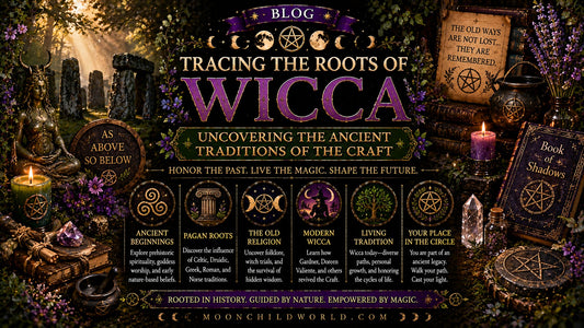 Ancient Wicca traditions illustrated with goddess statue, candles, crystals, and magical books in a mystical forest setting
