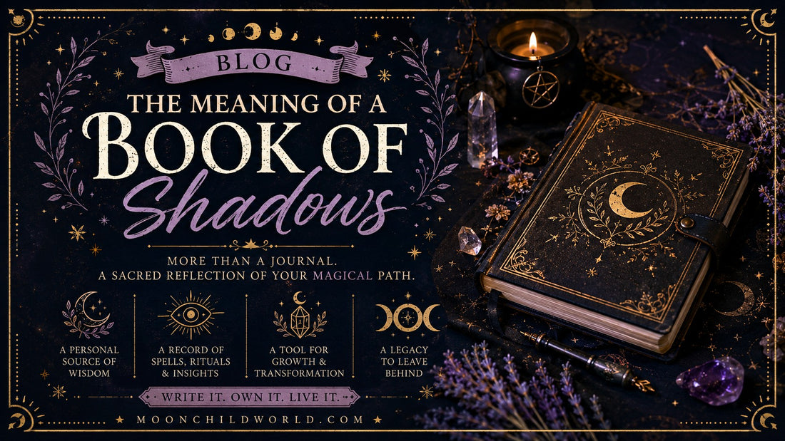 Book of Shadows with mystical symbols, crystals, and candlelight for exploring spiritual journaling ideas