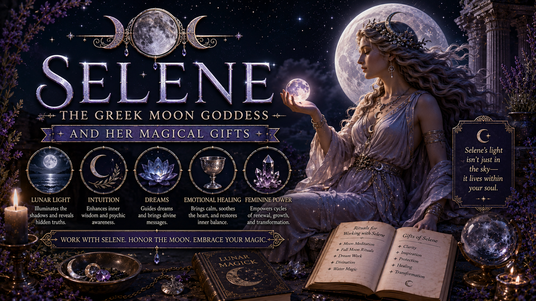 Selene the Greek moon goddess surrounded by magical gifts, lunar light, and mystical moonlit scenery