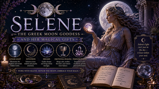 Selene the Greek moon goddess surrounded by magical gifts, lunar light, and mystical moonlit scenery