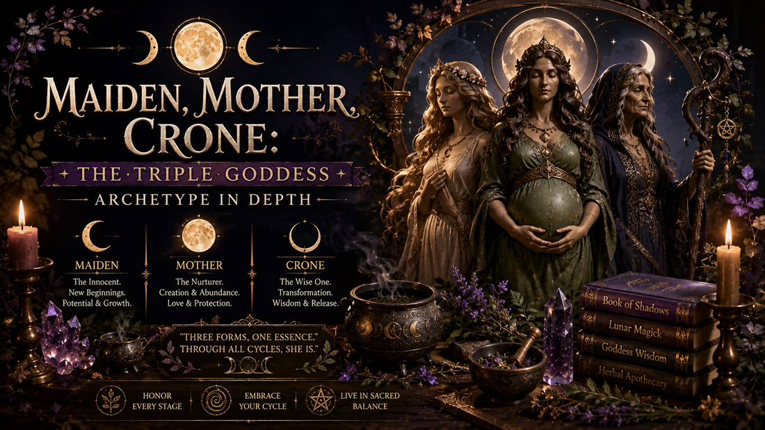 Three women embodying the triple goddess archetype with candles, crystals, and spiritual books in a mystical setting