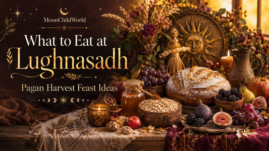 Traditional Lughnasadh harvest feast with fresh bread, honey, fruit, and grains for pagan celebration ideas