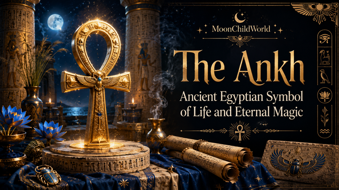 Golden ankh surrounded by Egyptian artifacts and scrolls, symbolizing the ankh’s meaning of life and eternal magic
