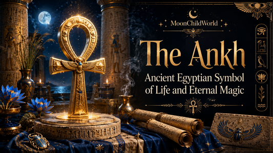 Golden ankh surrounded by Egyptian artifacts and scrolls, symbolizing the ankh’s meaning of life and eternal magic