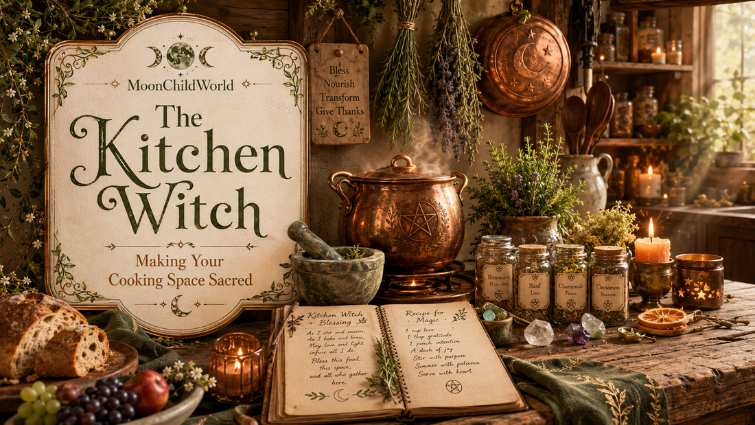 A cozy kitchen witch setup with herbs, spell jars, and a copper cauldron for sacred cooking inspiration