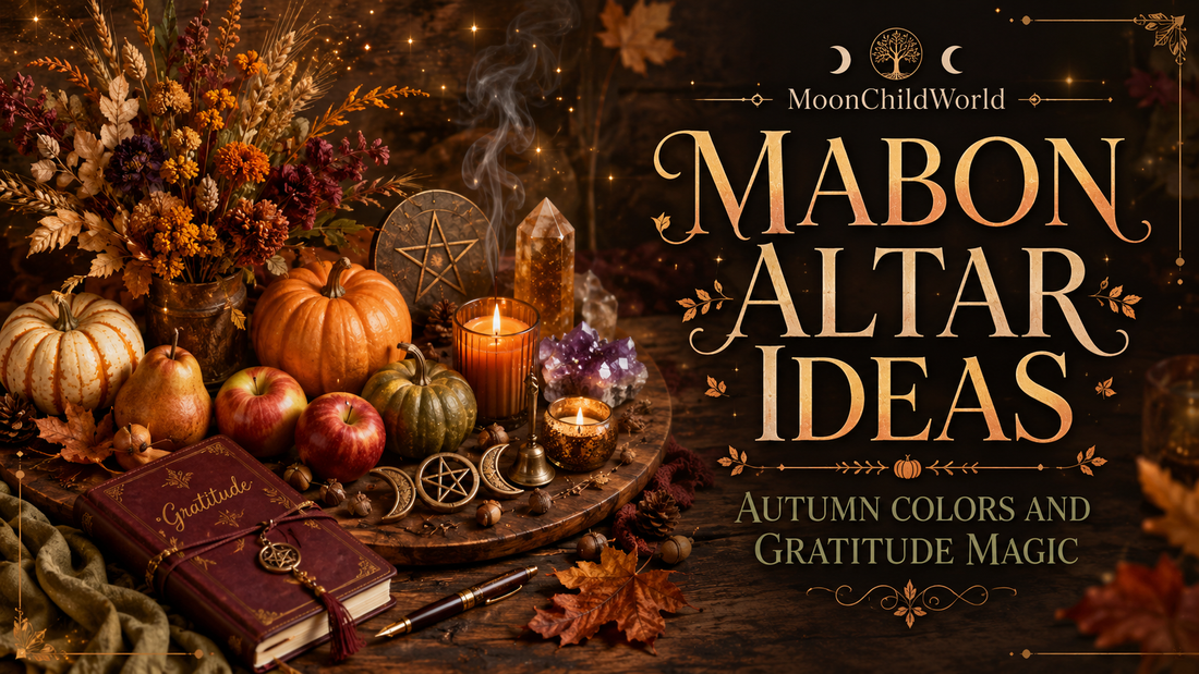 Cozy Mabon altar ideas with autumn colors, pumpkins, candles, and gratitude journal for seasonal inspiration